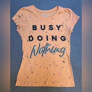 Wound Up Busy Doing Nothing T Shirt Womens Size Large Orange & Black Paint